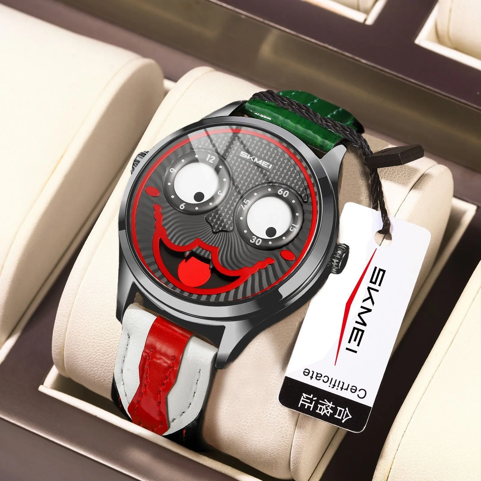SKMEI men's round analogue watch with clown dial, black strap, and alloy case