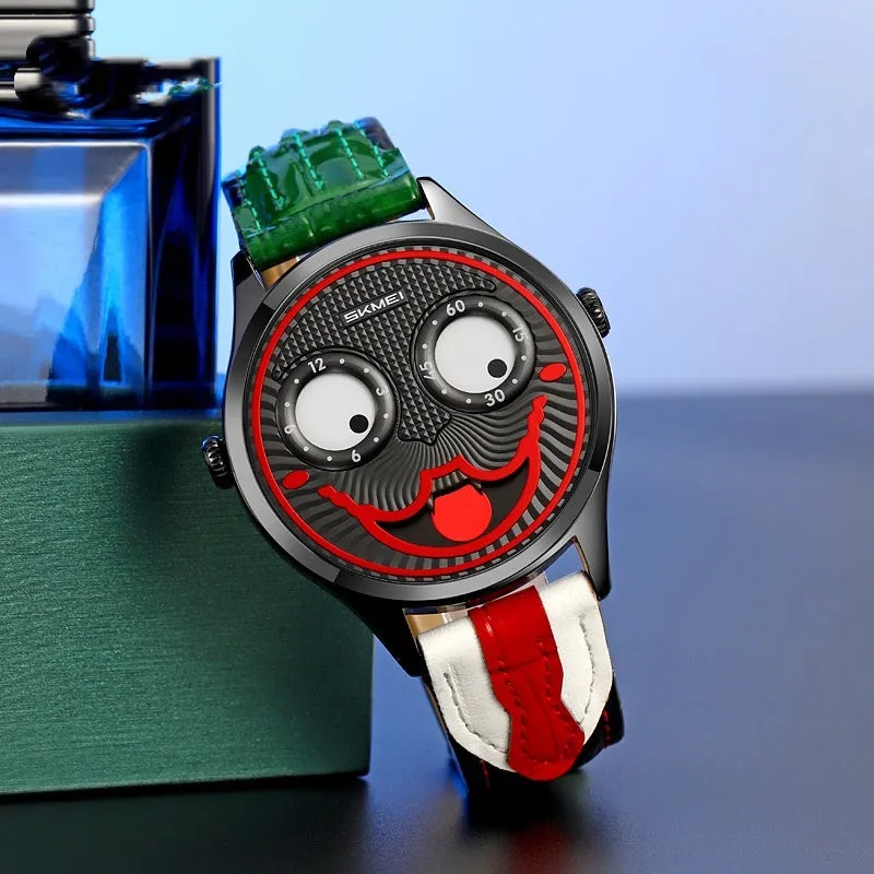 SKMEI men's round analogue watch with clown dial, black strap, and alloy case
