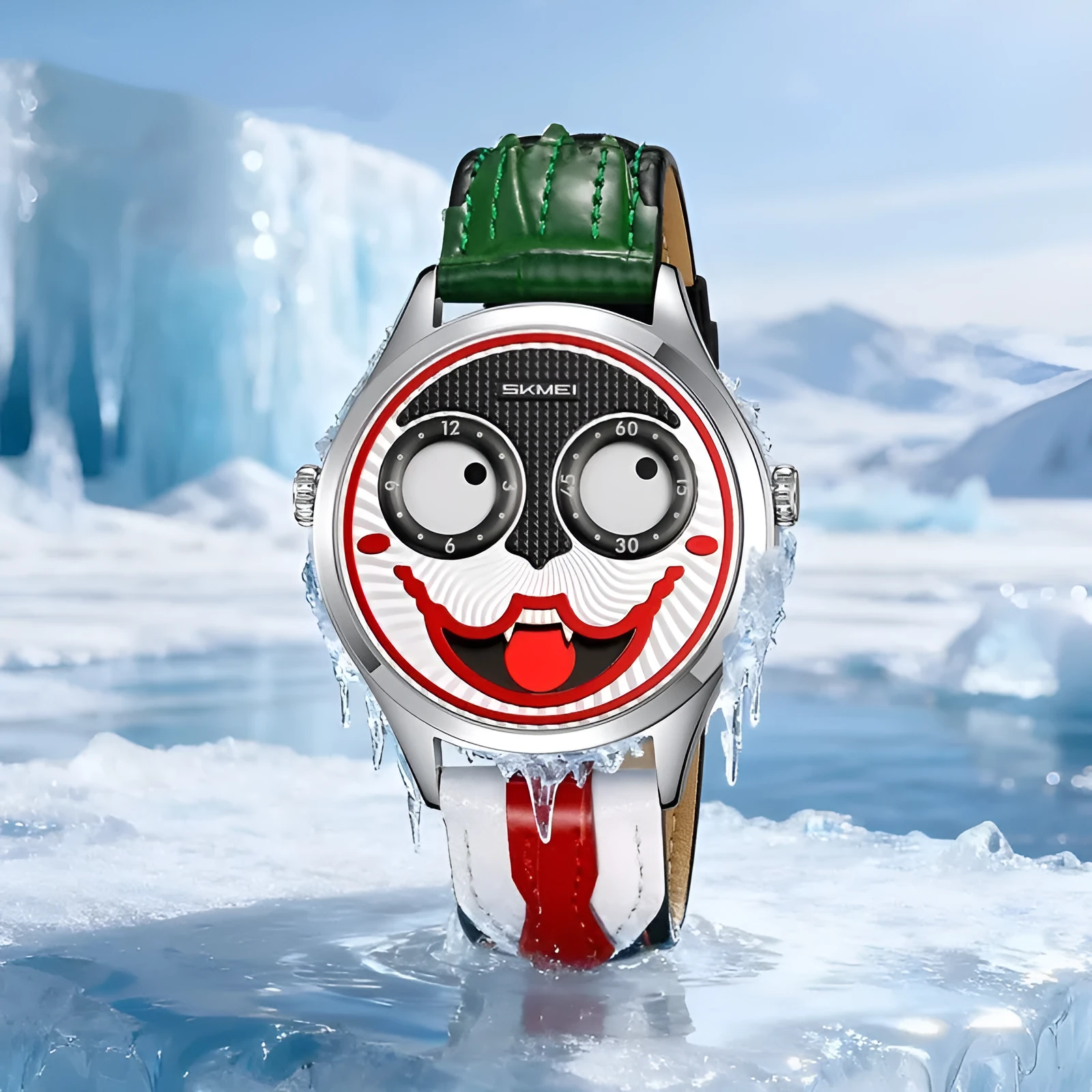 SKMEI men's round analogue watch with clown dial, black strap, and alloy case