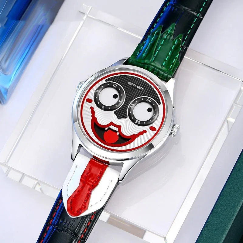 SKMEI men's round analogue watch with clown dial, black strap, and alloy case