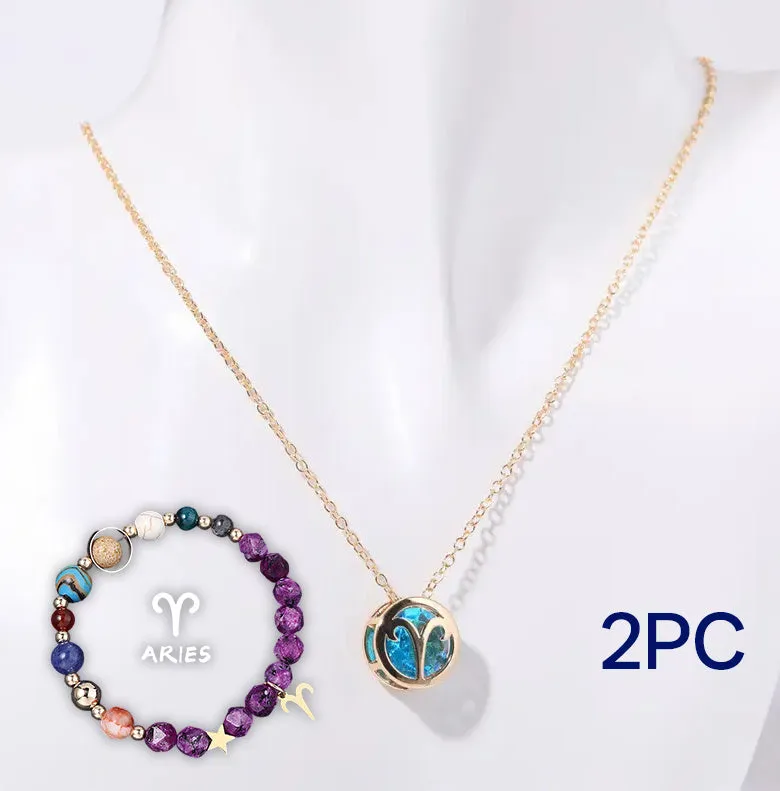 Natural stone beaded necklace and bracelet set with adjustable cord on wooden surface