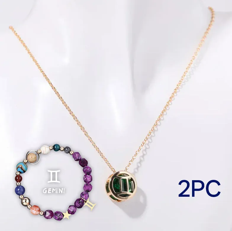 Natural stone beaded necklace and bracelet set with adjustable cord on wooden surface