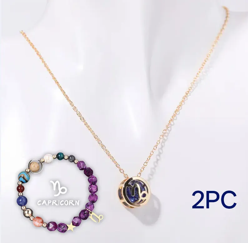 Natural stone beaded necklace and bracelet set with adjustable cord on wooden surface