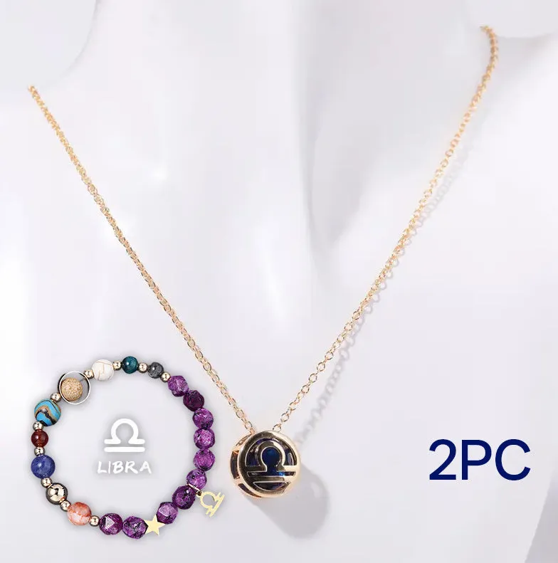 Natural stone beaded necklace and bracelet set with adjustable cord on wooden surface