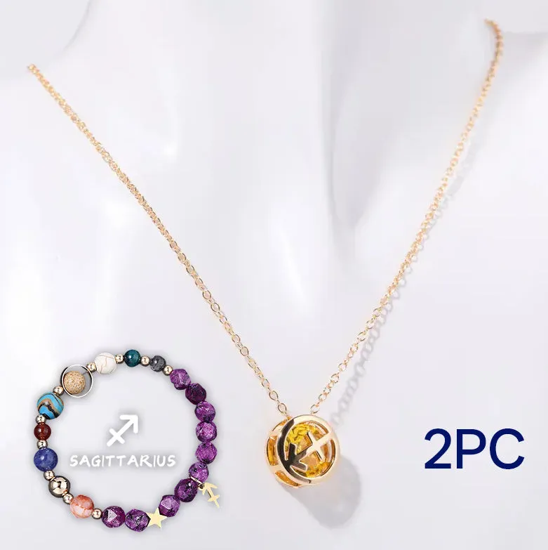 Natural stone beaded necklace and bracelet set with adjustable cord on wooden surface