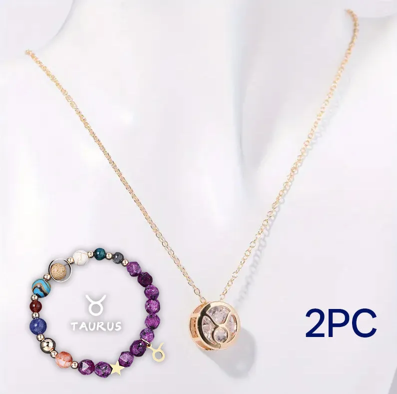 Natural stone beaded necklace and bracelet set with adjustable cord on wooden surface