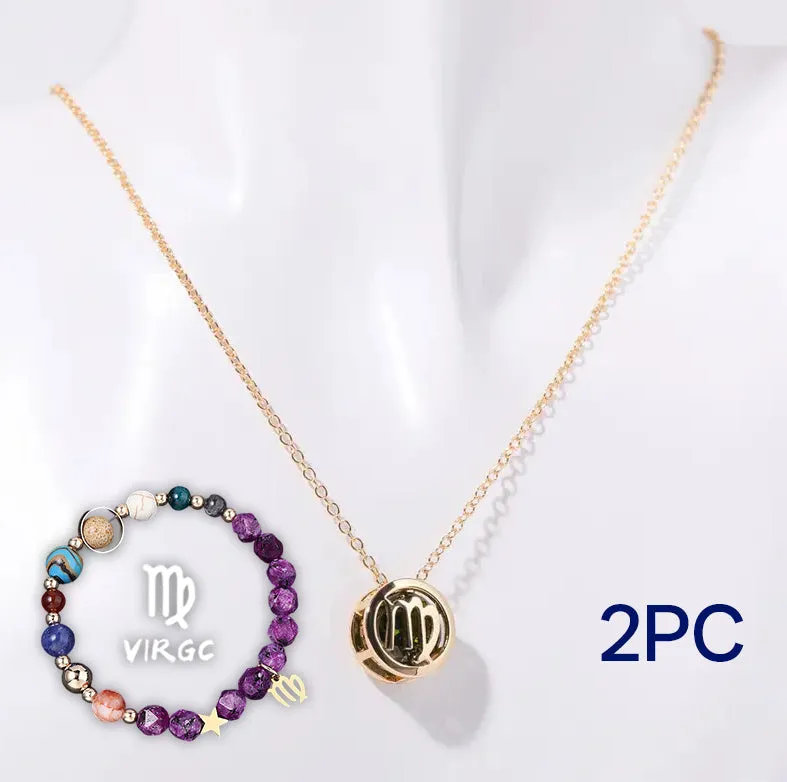 Natural stone beaded necklace and bracelet set with adjustable cord on wooden surface