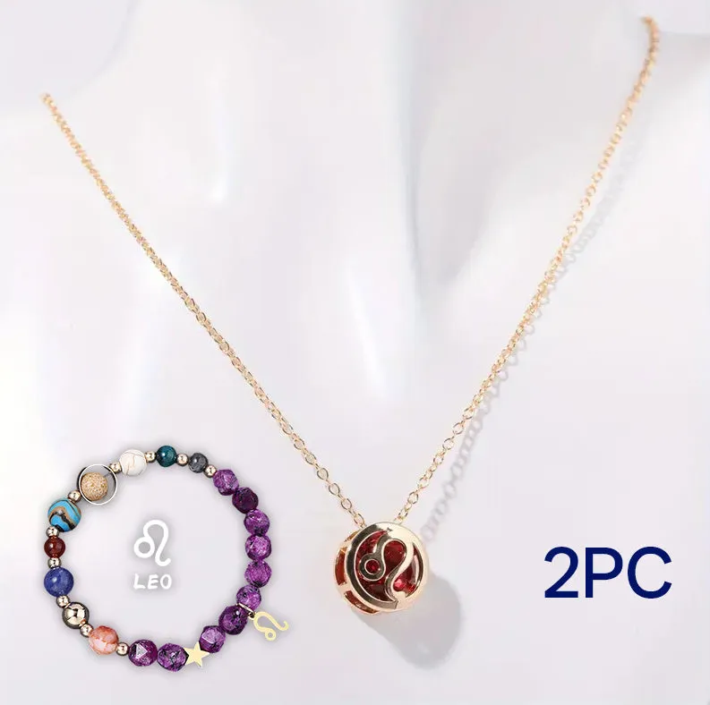 Natural stone beaded necklace and bracelet set with adjustable cord on wooden surface