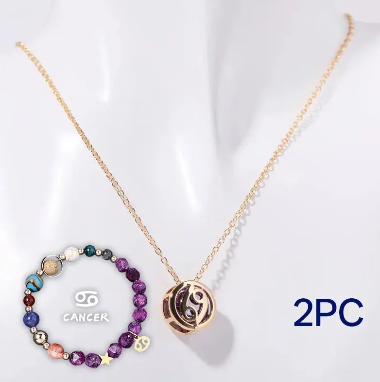 Natural stone beaded necklace and bracelet set with adjustable cord on wooden surface