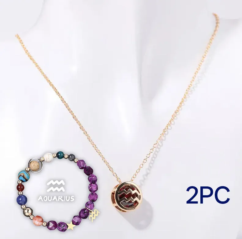 Natural stone beaded necklace and bracelet set with adjustable cord on wooden surface