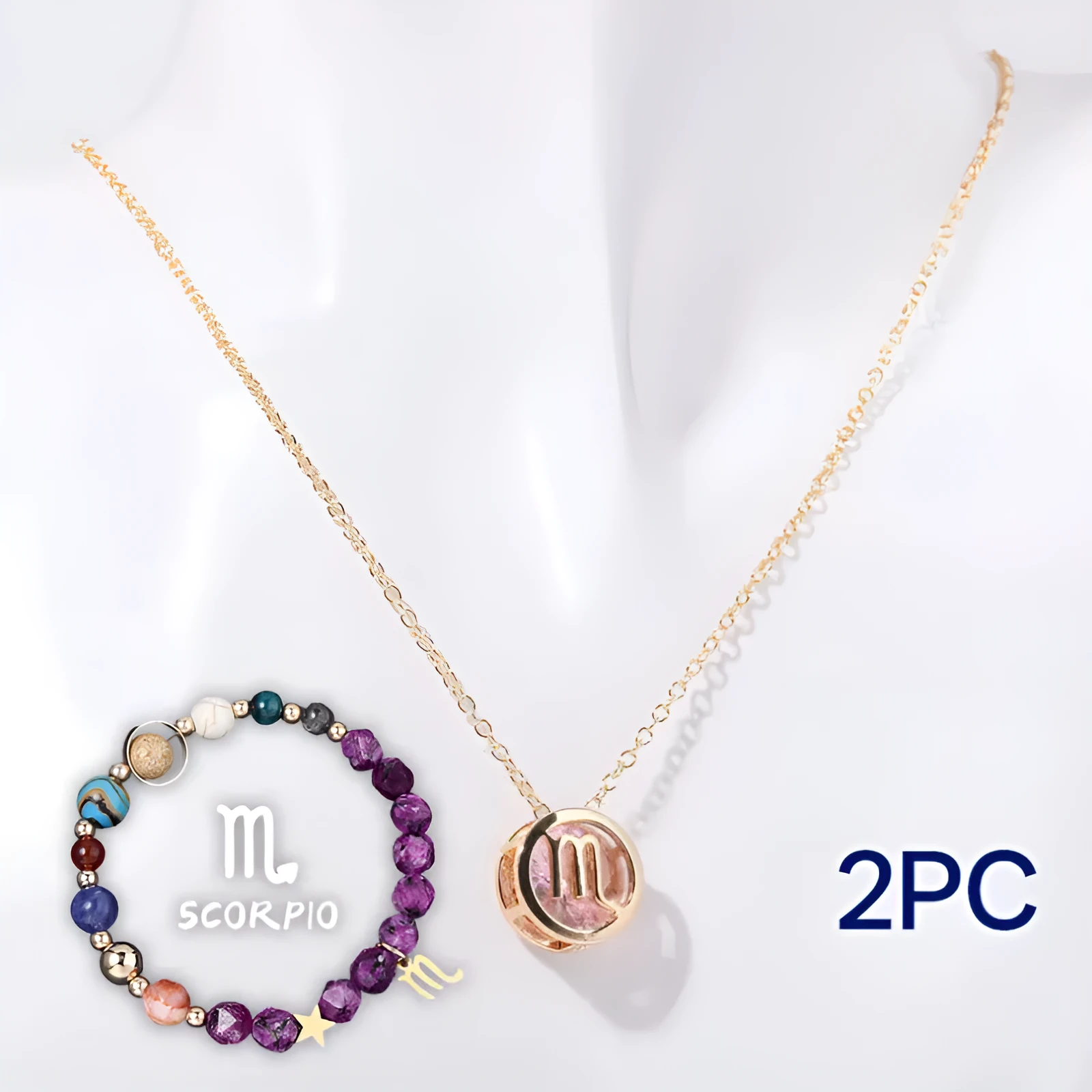 Natural stone beaded necklace and bracelet set with adjustable cord on wooden surface