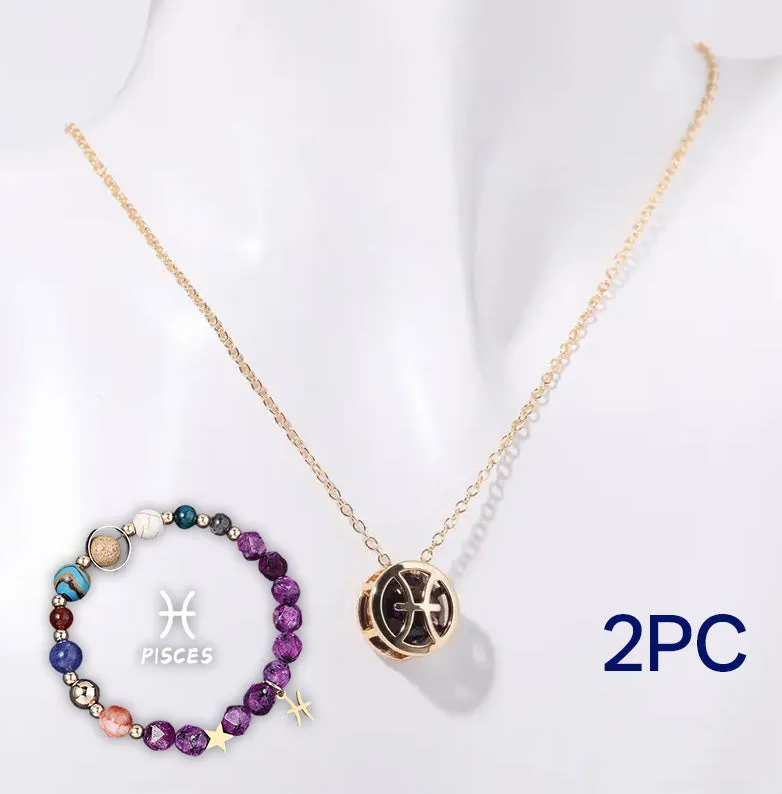 Natural stone beaded necklace and bracelet set with adjustable cord on wooden surface
