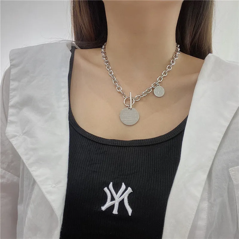 Full body titanium steel round pendant necklace on a box chain with baking varnish finish, adjustable 21cm to 50cm