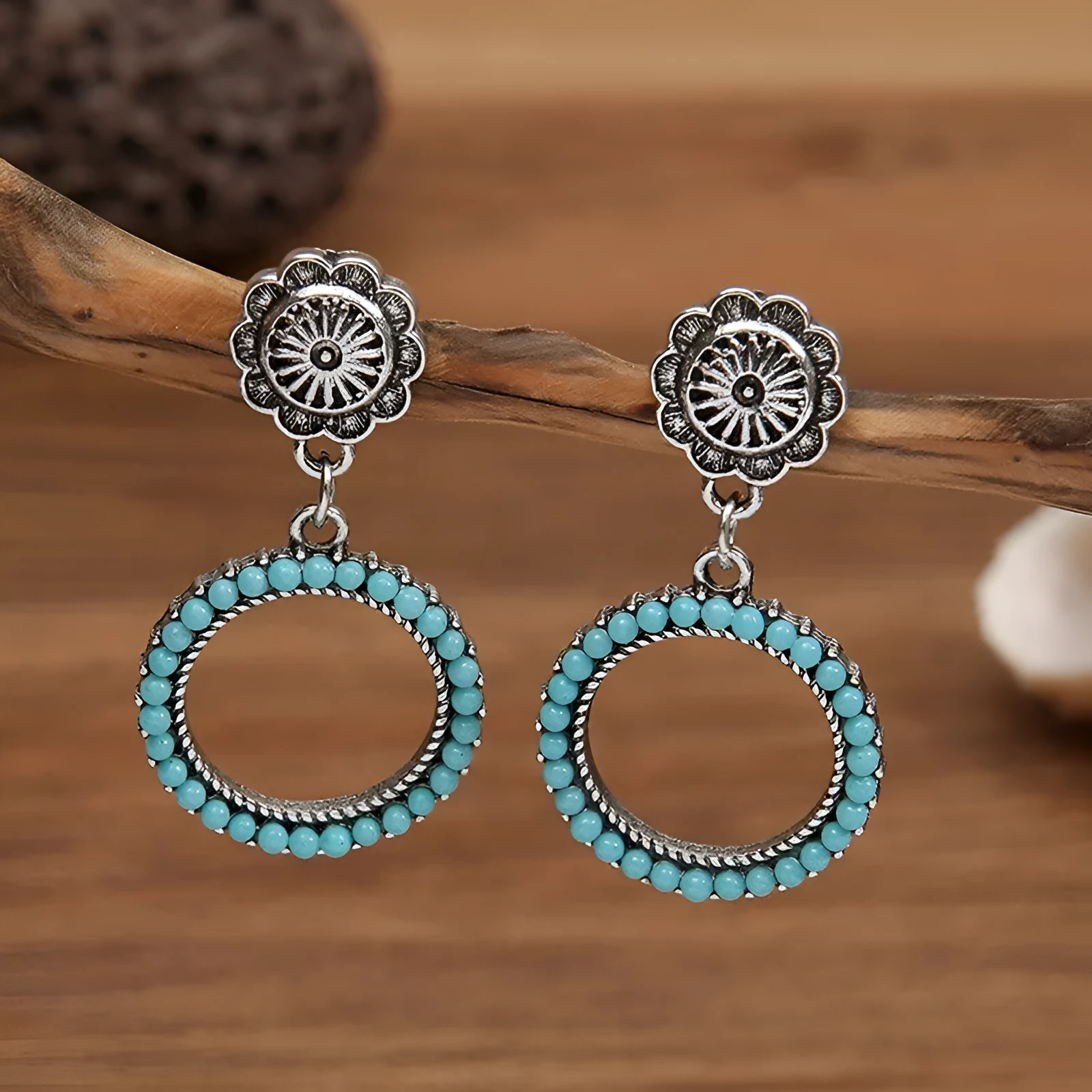 Antique silver alloy geometric round turquoise earrings for women, 2.2 by 4.2 cm drop