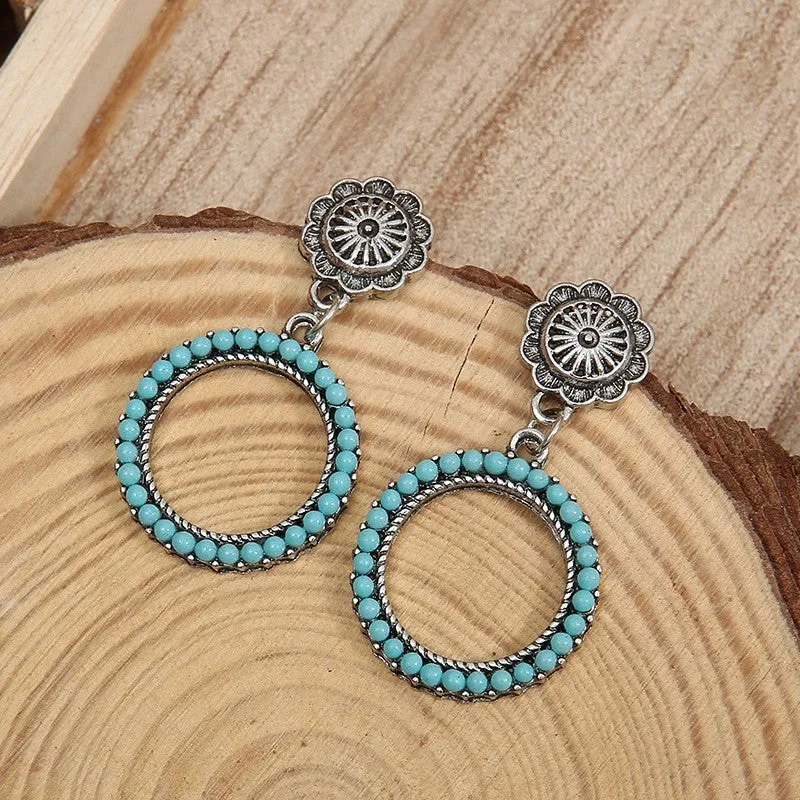 Antique silver alloy geometric round turquoise earrings for women, 2.2 by 4.2 cm drop