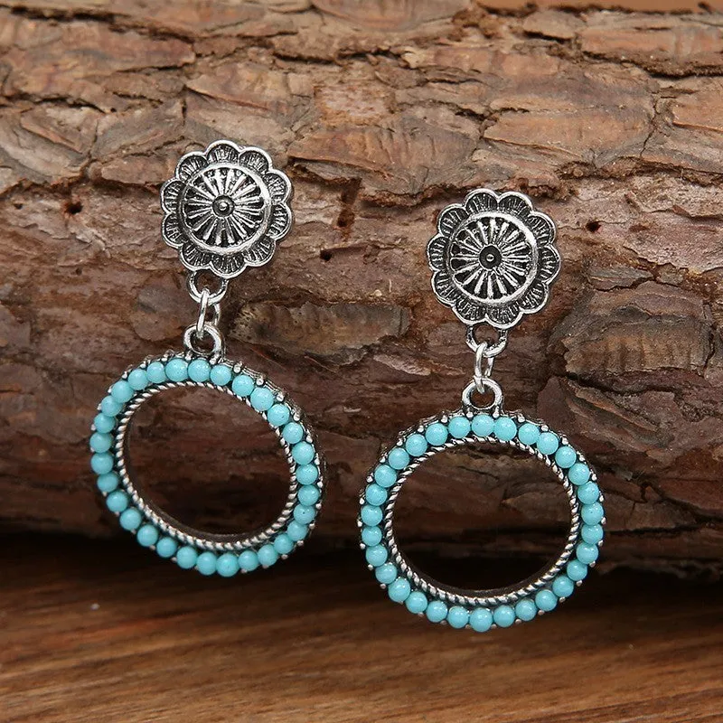 Antique silver alloy geometric round turquoise earrings for women, 2.2 by 4.2 cm drop