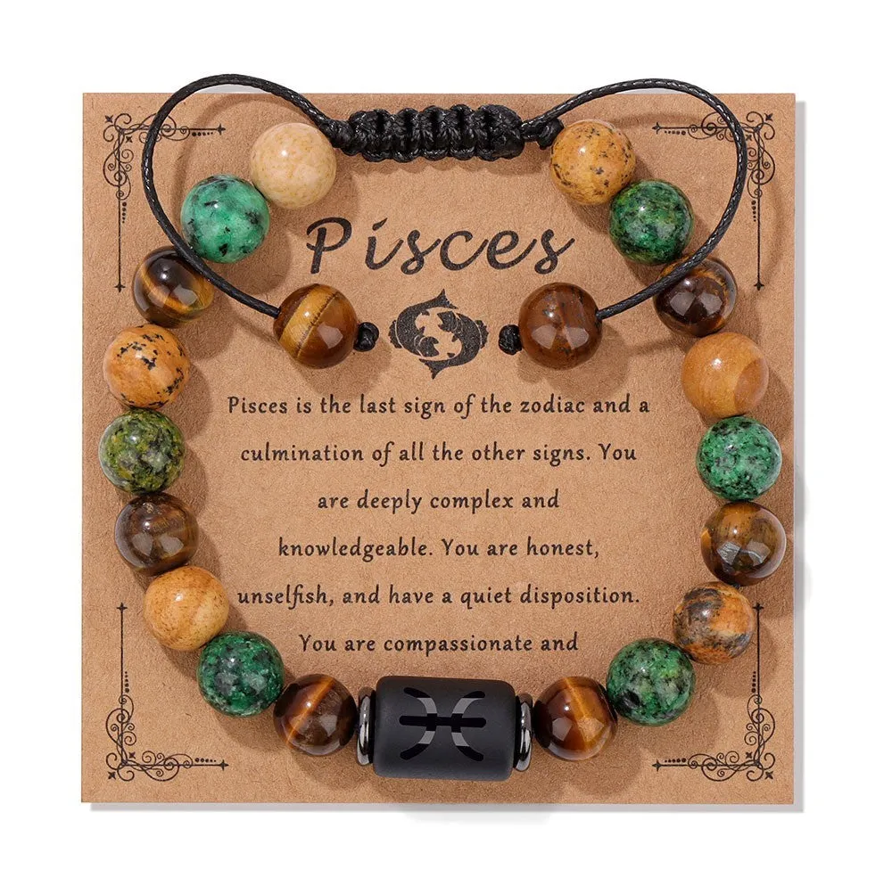 12 constellation woven men's retro natural stone bracelet with agate beads, 19cm length, unisex zodiac design