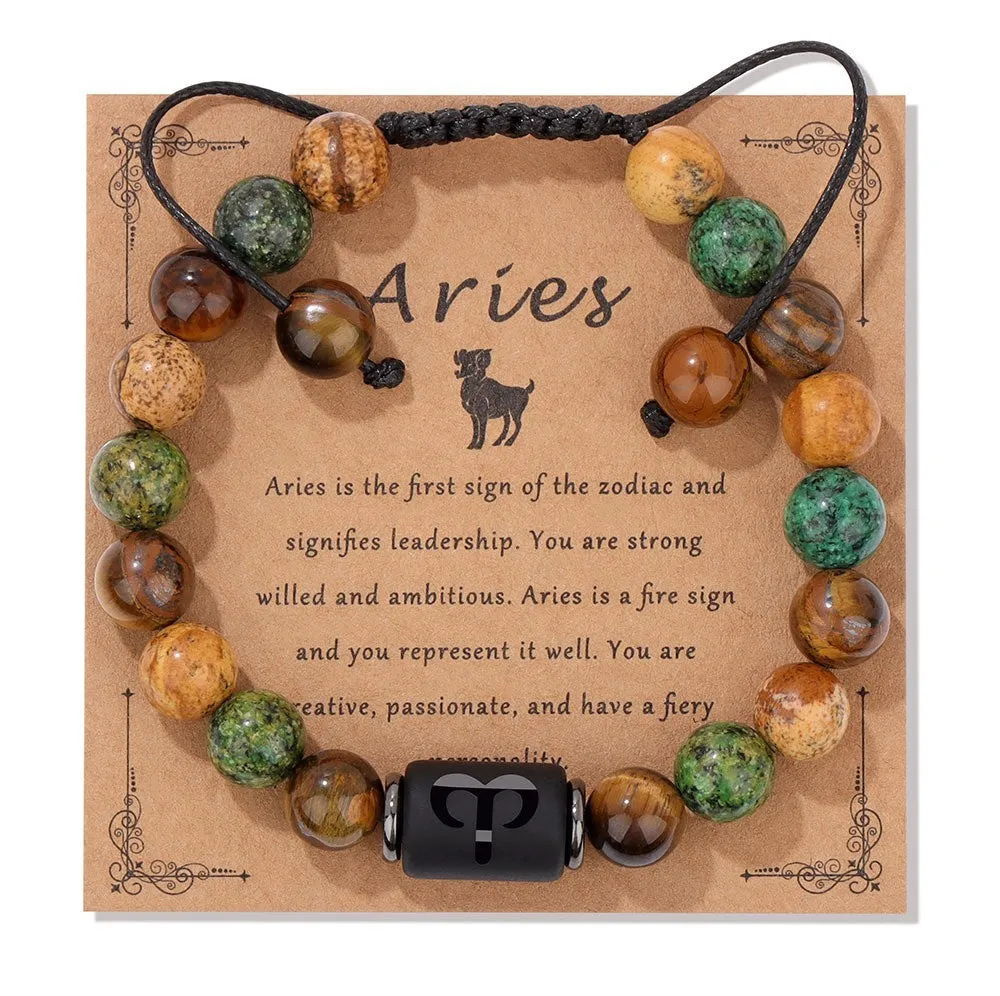 12 constellation woven men's retro natural stone bracelet with agate beads, 19cm length, unisex zodiac design
