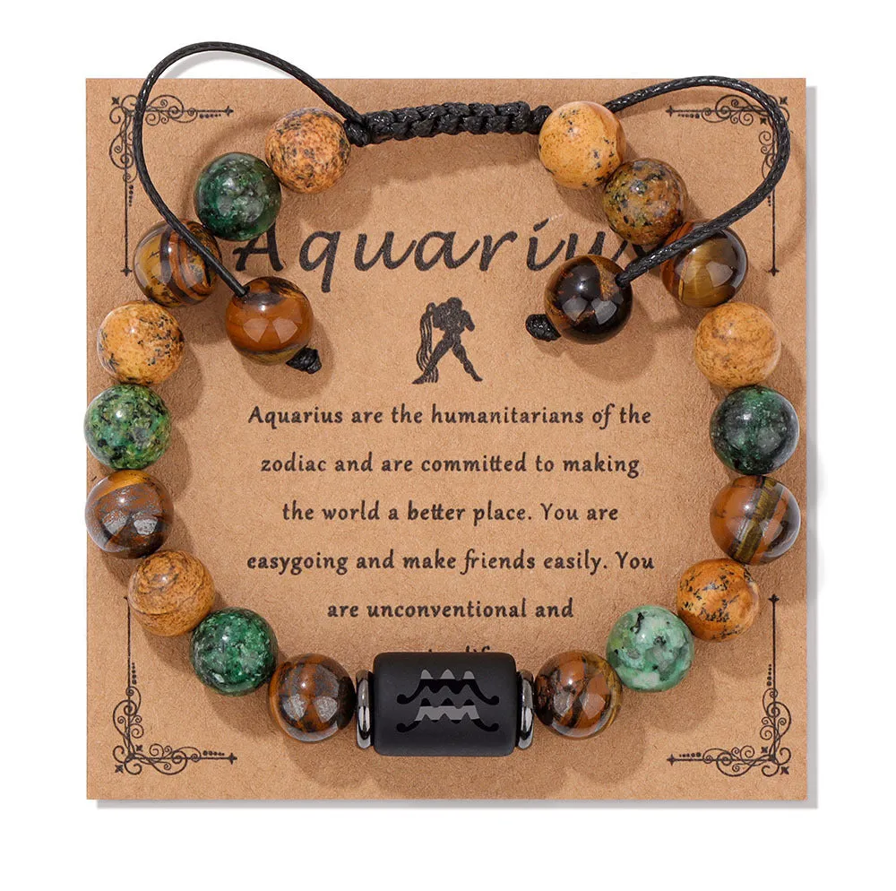 12 constellation woven men's retro natural stone bracelet with agate beads, 19cm length, unisex zodiac design