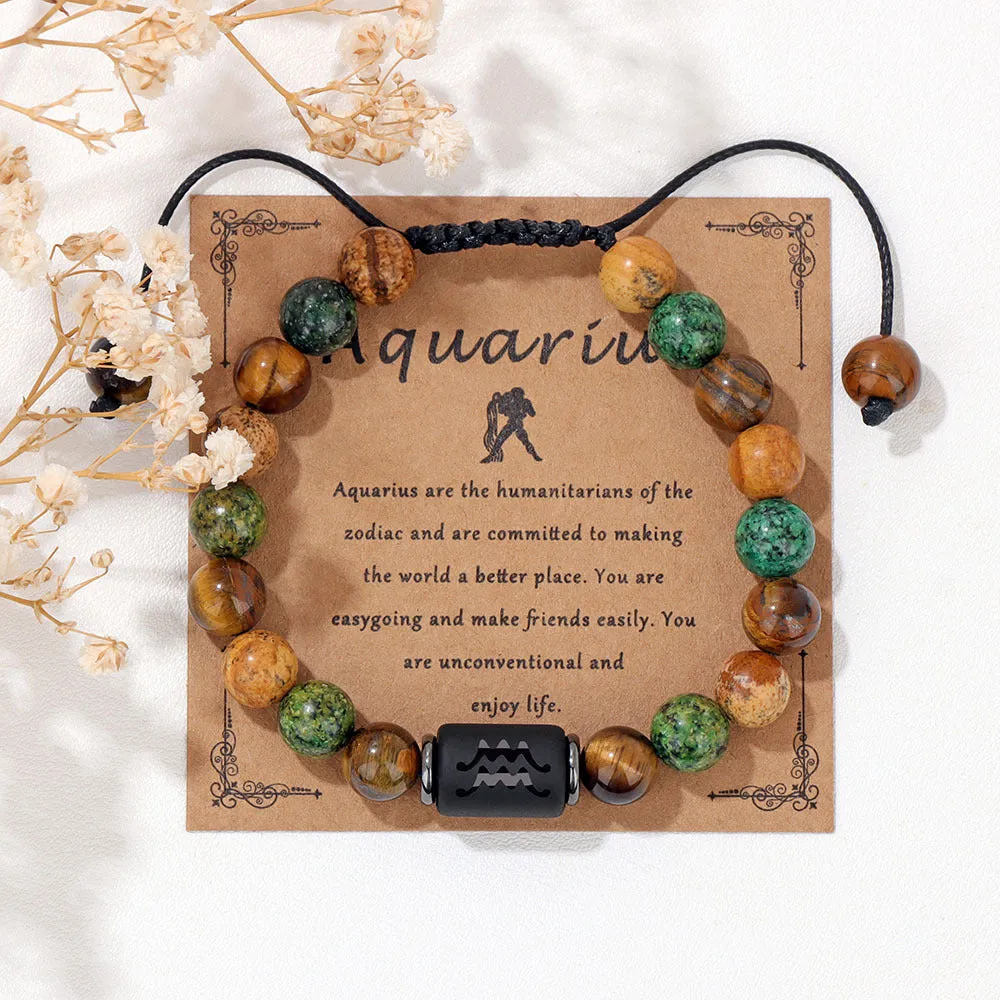 12 constellation woven men's retro natural stone bracelet with agate beads, 19cm length, unisex zodiac design