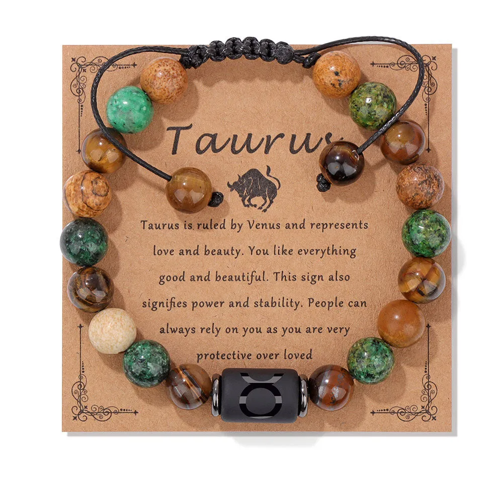 12 constellation woven men's retro natural stone bracelet with agate beads, 19cm length, unisex zodiac design