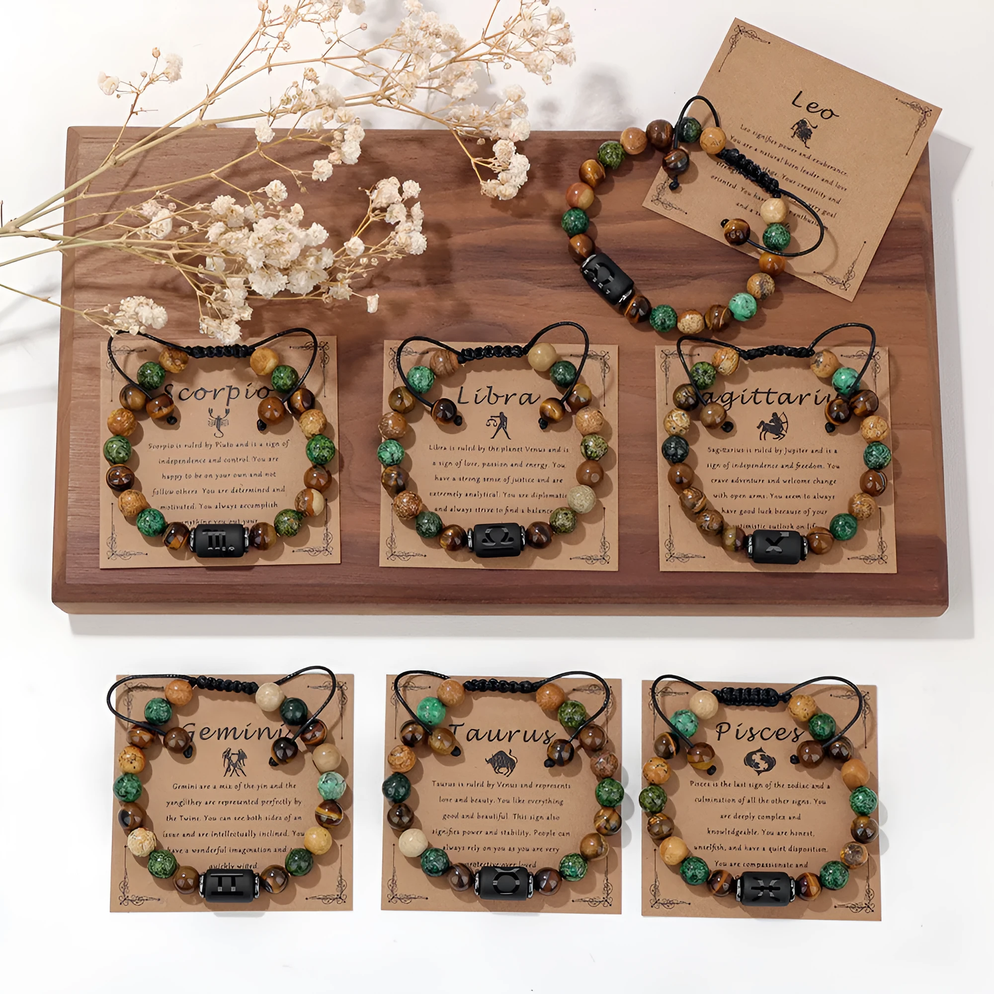 12 constellation woven men's retro natural stone bracelet with agate beads, 19cm length, unisex zodiac design