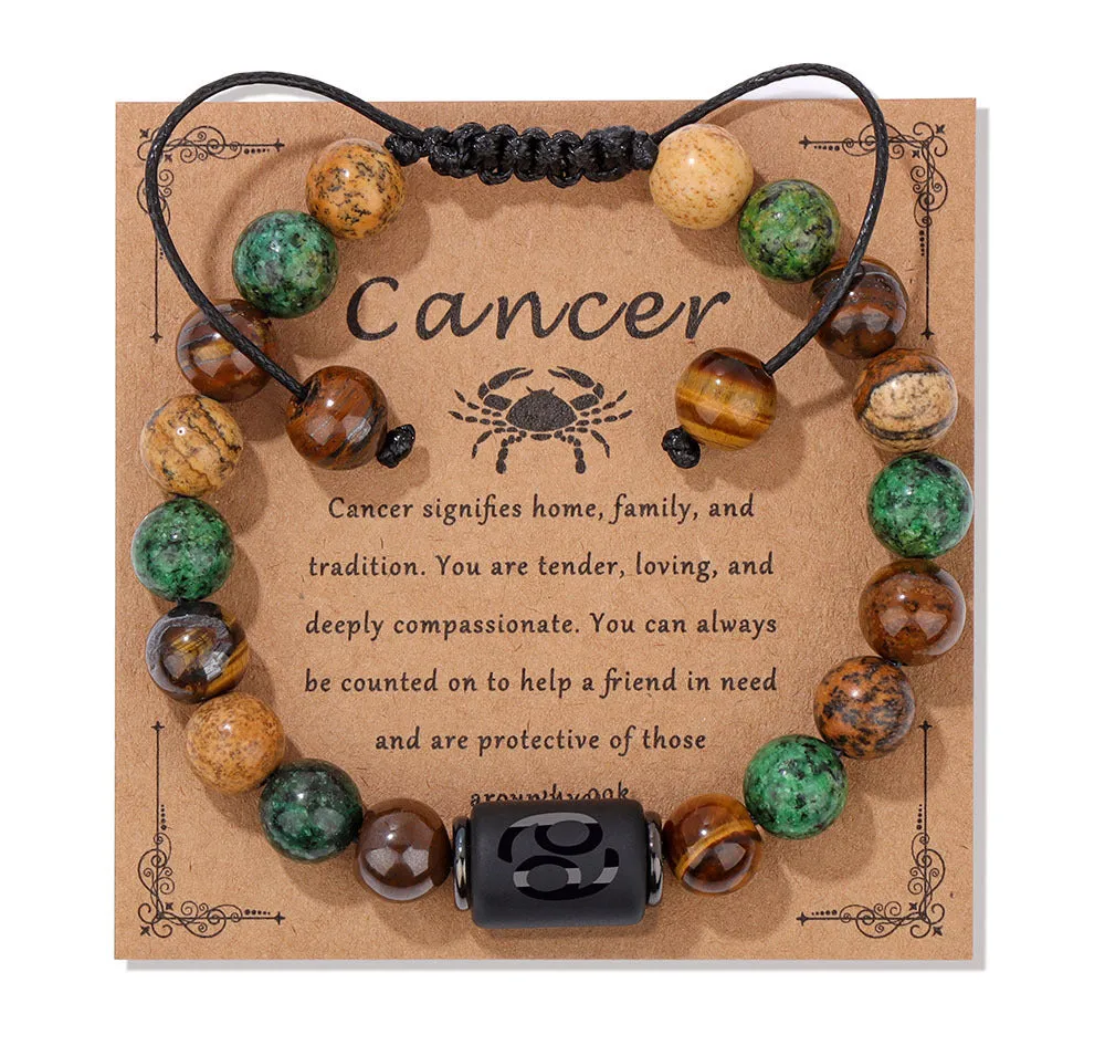 12 constellation woven men's retro natural stone bracelet with agate beads, 19cm length, unisex zodiac design