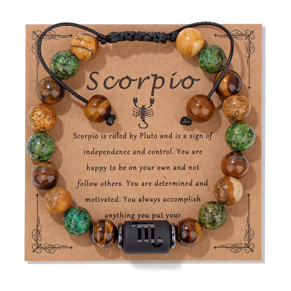 12 constellation woven men's retro natural stone bracelet with agate beads, 19cm length, unisex zodiac design