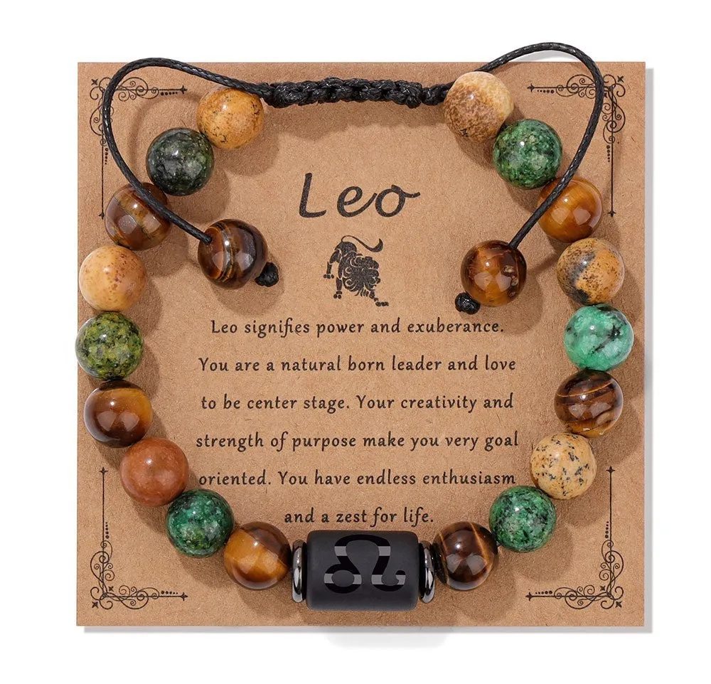 12 constellation woven men's retro natural stone bracelet with agate beads, 19cm length, unisex zodiac design