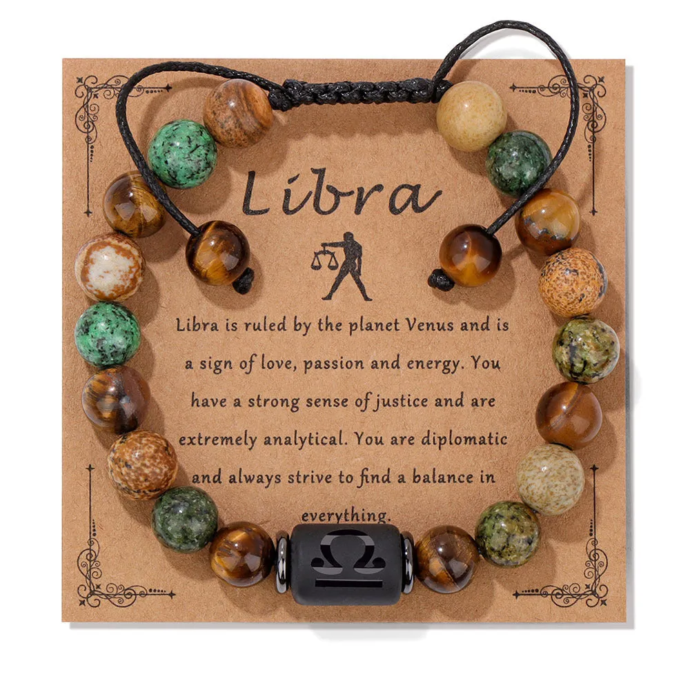 12 constellation woven men's retro natural stone bracelet with agate beads, 19cm length, unisex zodiac design
