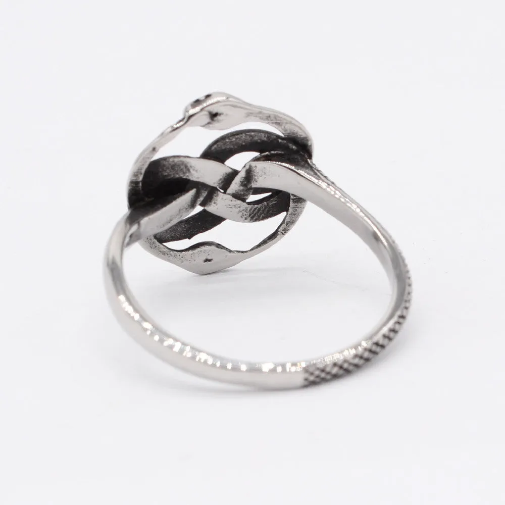 Close-up of a titanium steel double snake ring with a retro design on a hand, showing the intricate intertwined serpent detail.