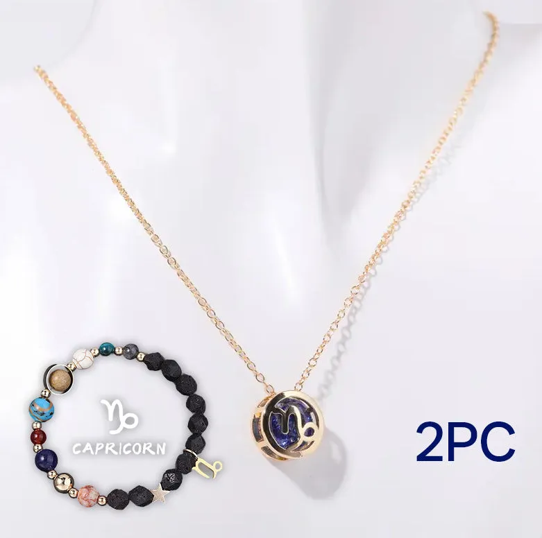 A natural stone beaded necklace and matching bracelet set laid flat, showing the textured stone beads.