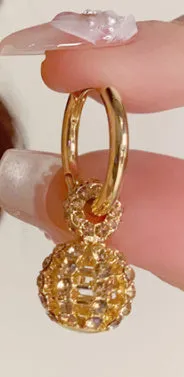 Coffee colour full diamond hollow ball ear clip with thick real gold plating on copper for women, geometric round shape.
