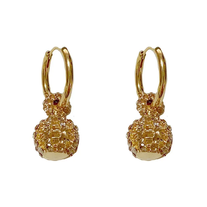 Coffee colour full diamond hollow ball ear clip with thick real gold plating on copper for women, geometric round shape.