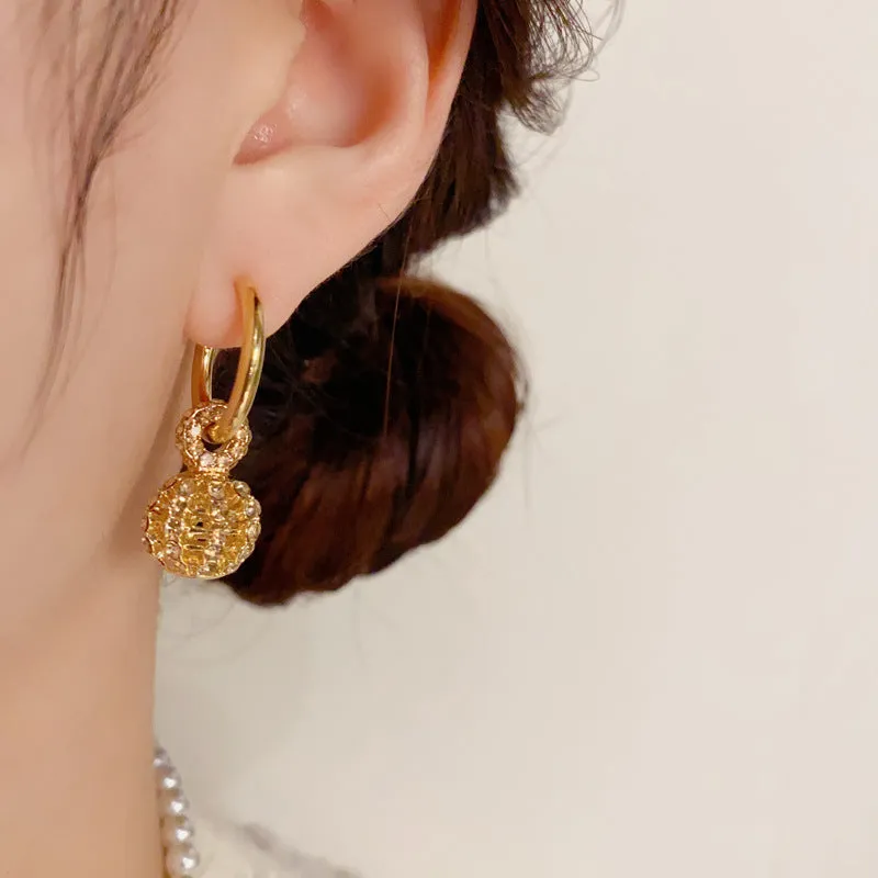 Coffee colour full diamond hollow ball ear clip with thick real gold plating on copper for women, geometric round shape.
