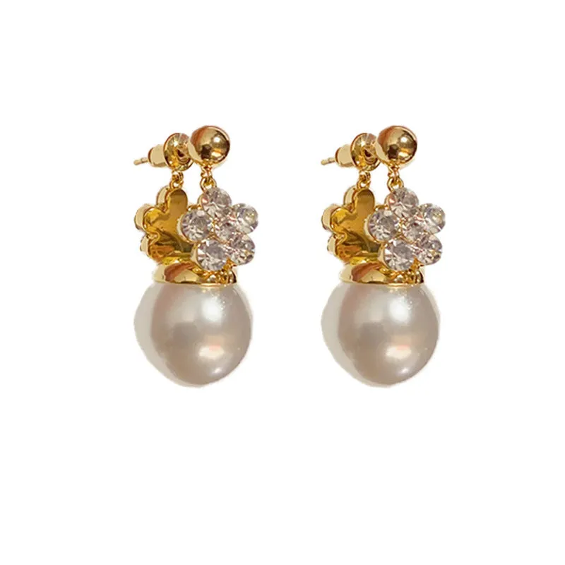 Double-sided flower pearl earrings real gold plated copper Korean style women