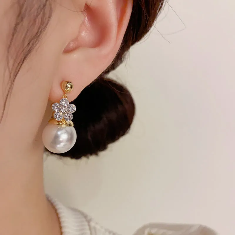 Double-sided flower pearl earrings real gold plated copper Korean style women