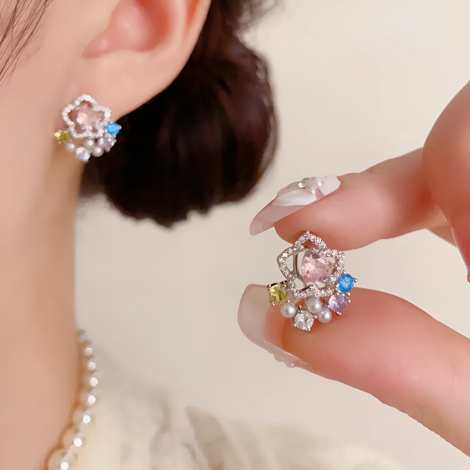 Full diamond silver petal stud earrings with real gold plating on copper, flower shape, in khaki colour