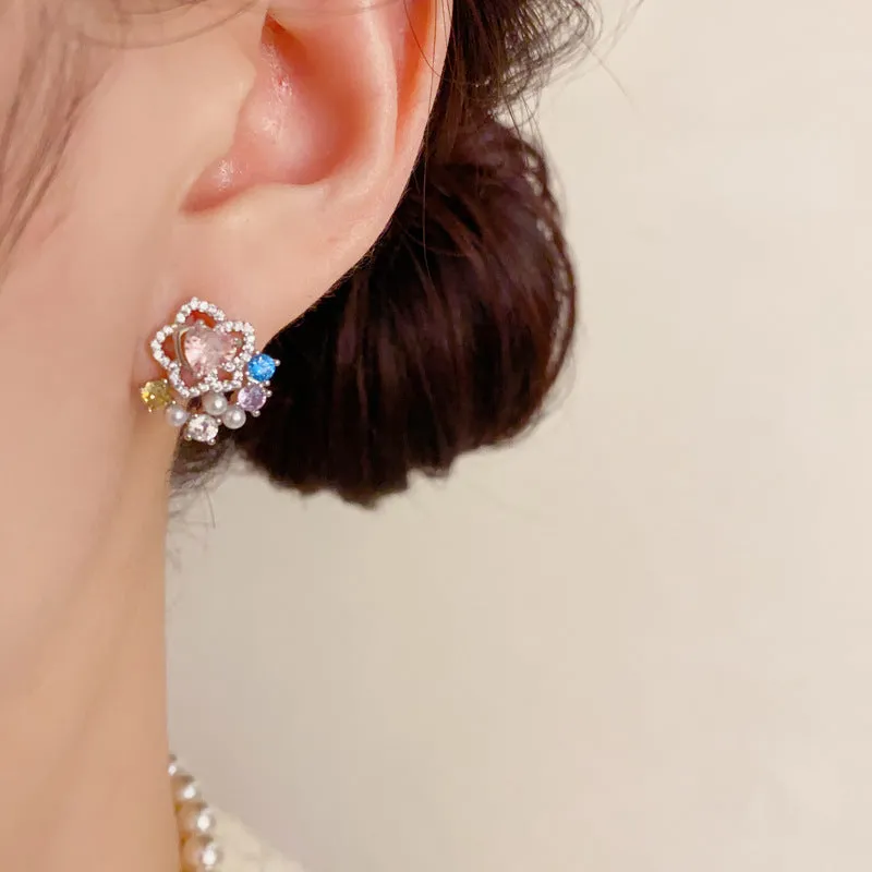Full diamond silver petal stud earrings with real gold plating on copper, flower shape, in khaki colour