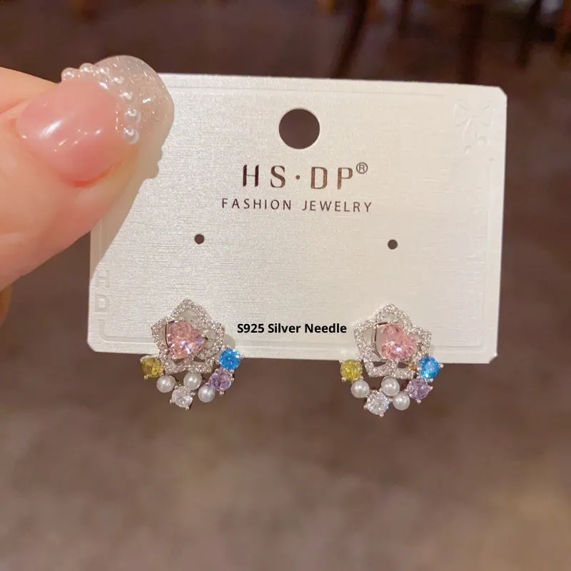 Full diamond silver petal stud earrings with real gold plating on copper, flower shape, in khaki colour