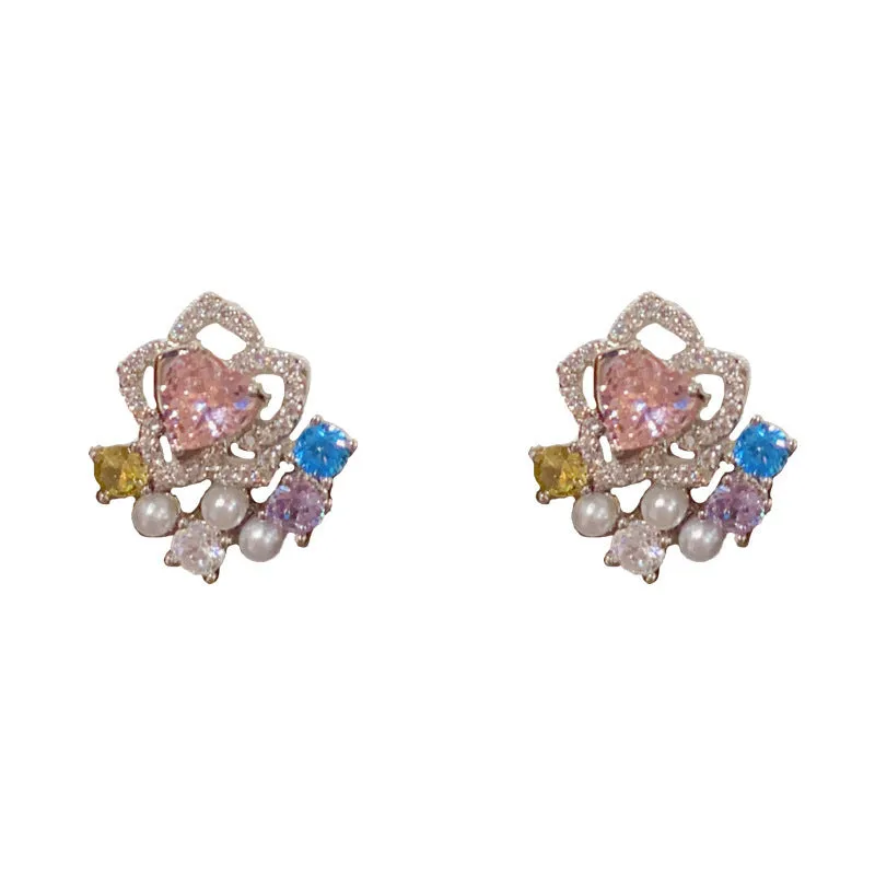 Full diamond silver petal stud earrings with real gold plating on copper, flower shape, in khaki colour
