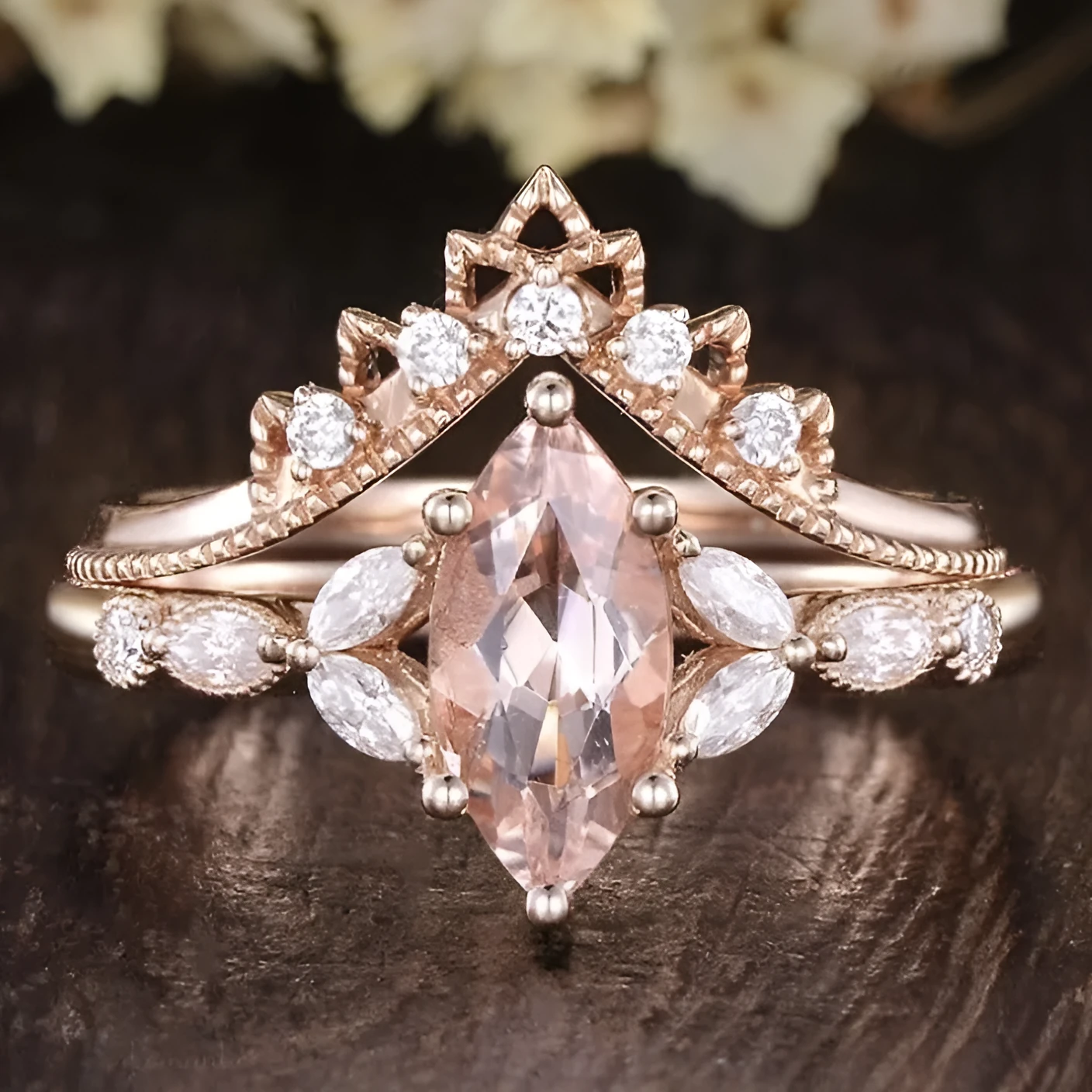 Rose gold flower shaped couple ring set for women sizes no.6 to no.10
