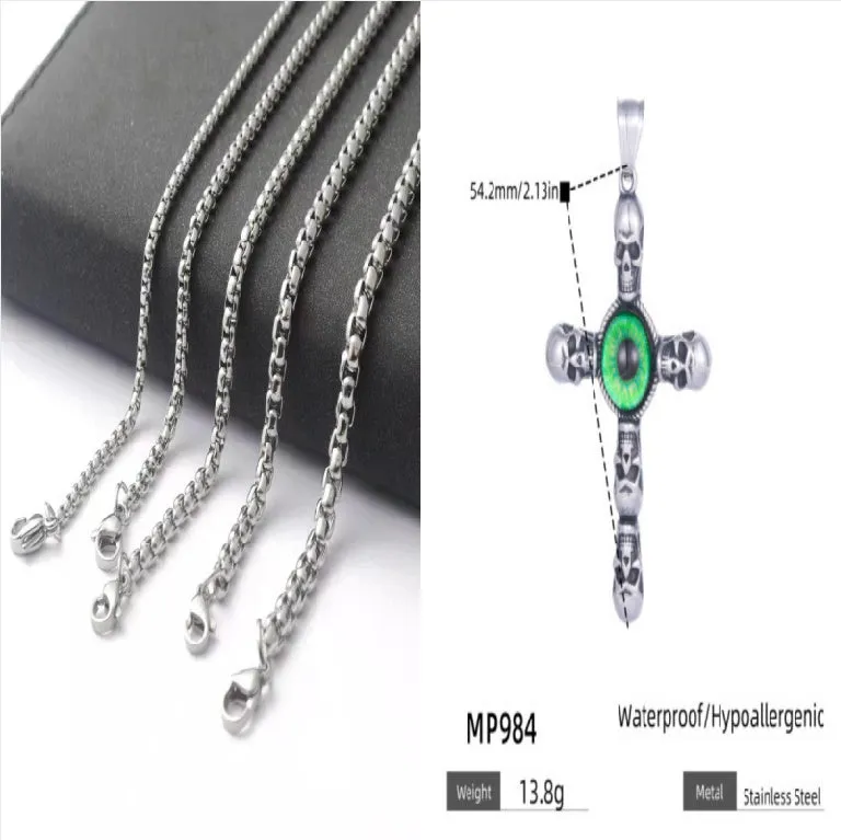 Stainless steel cross skull green eye pendant, geometric U-shaped men's pendant on dark background