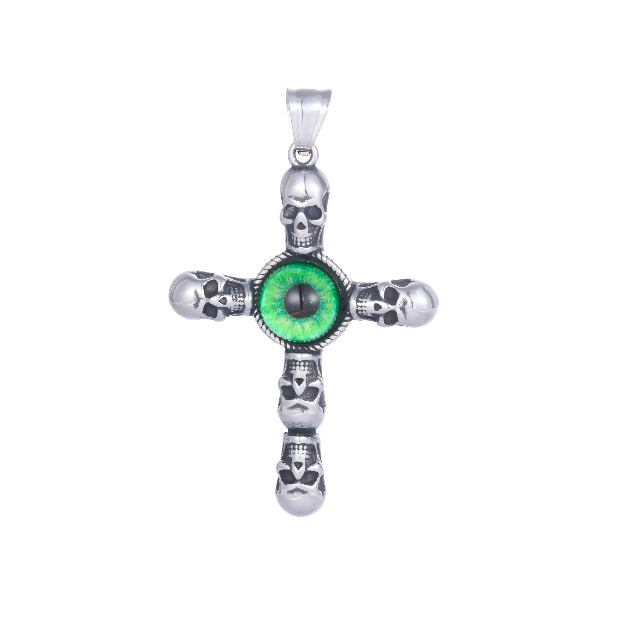 Stainless steel cross skull green eye pendant, geometric U-shaped men's pendant on dark background