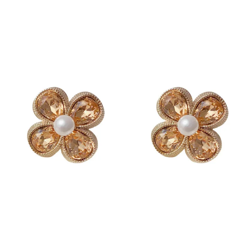 Coffee colour rhinestone pearl petal stud earrings with real gold plating on copper base