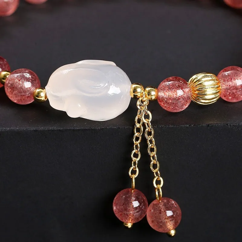 Strawberry quartz agate White Rabbit bracelet with 6mm geometric round beads for women