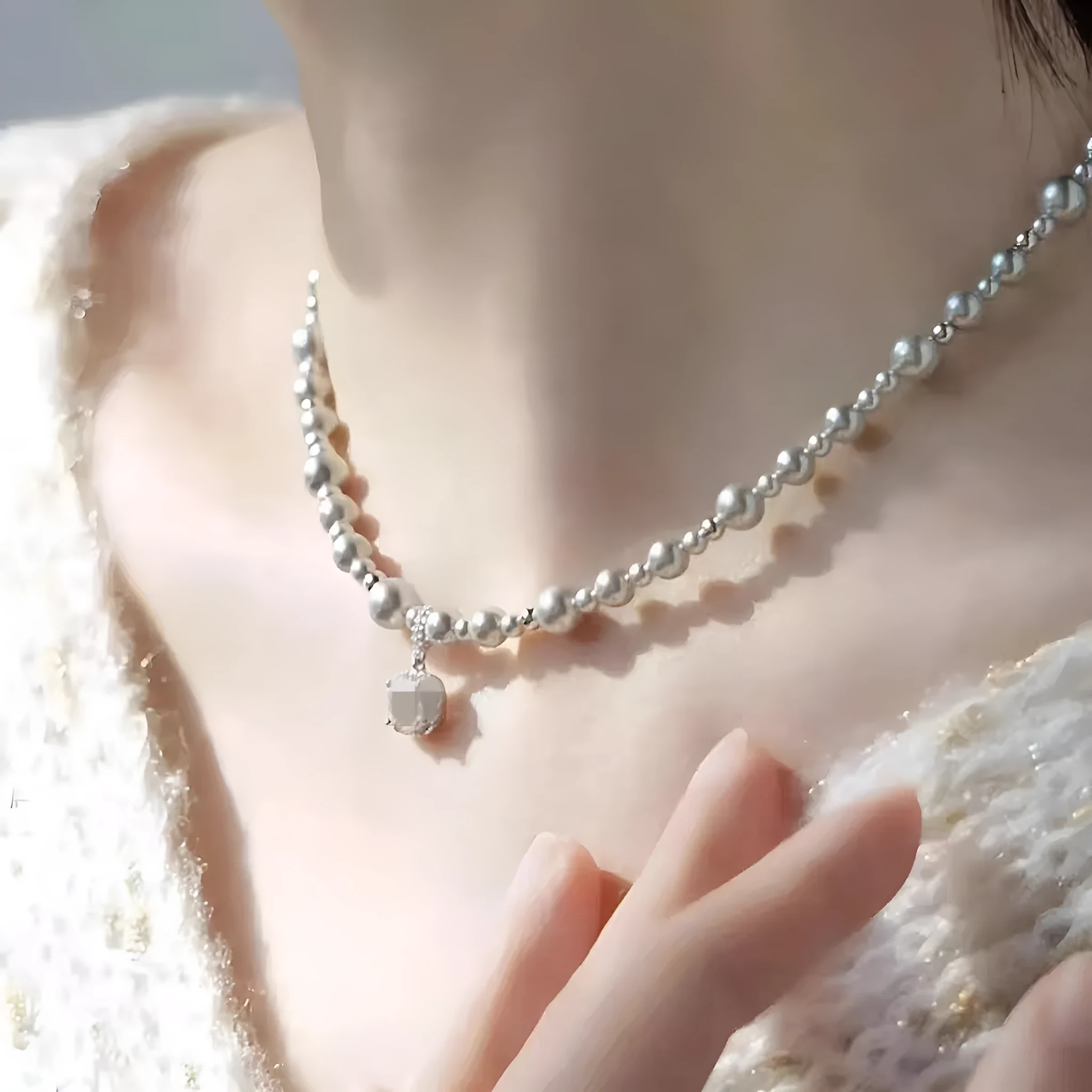 Bubble Cube Candy all-match clavicle chain bracelet earrings set with imitation pearl and zircon in white