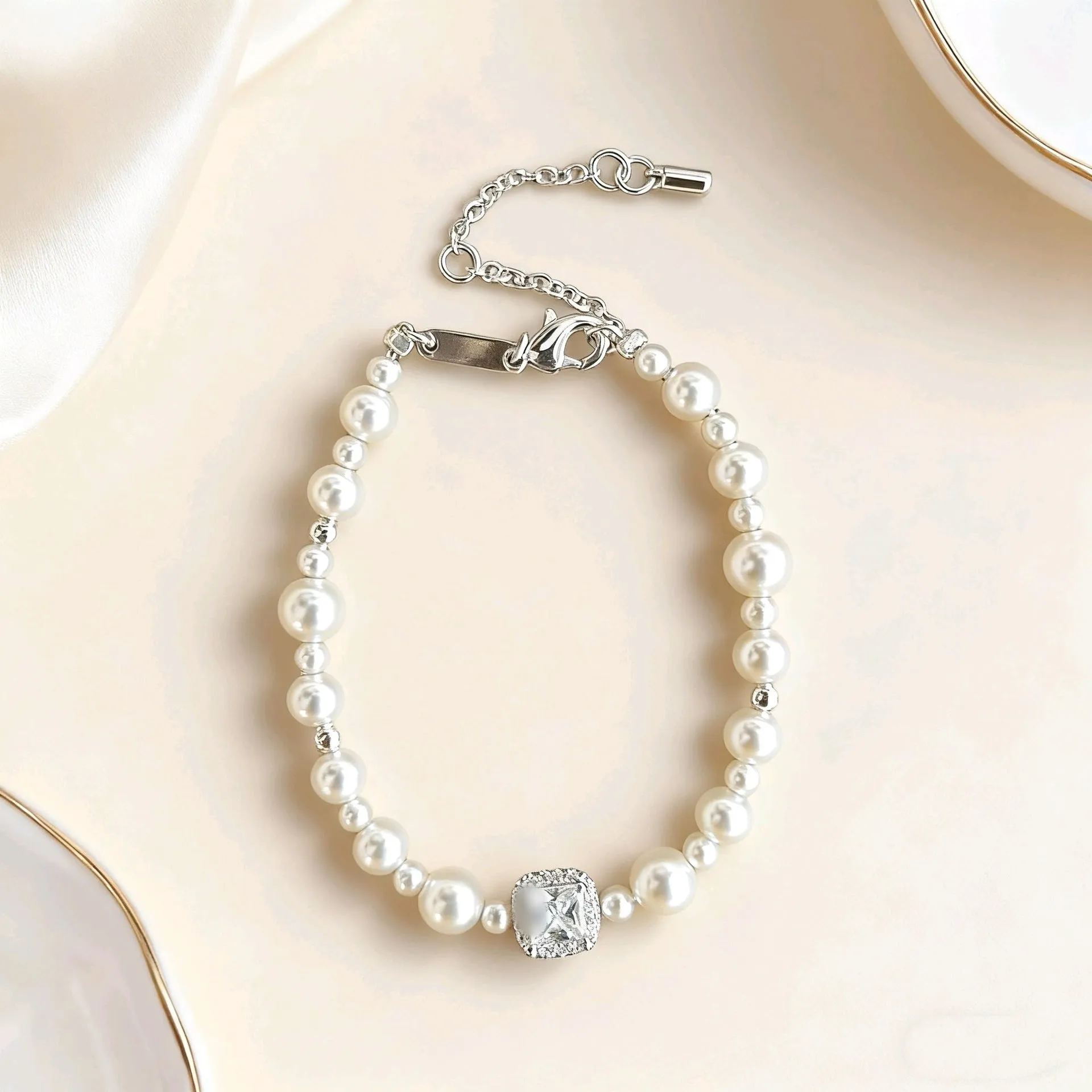Bubble Cube Candy all-match clavicle chain bracelet earrings set with imitation pearl and zircon in white