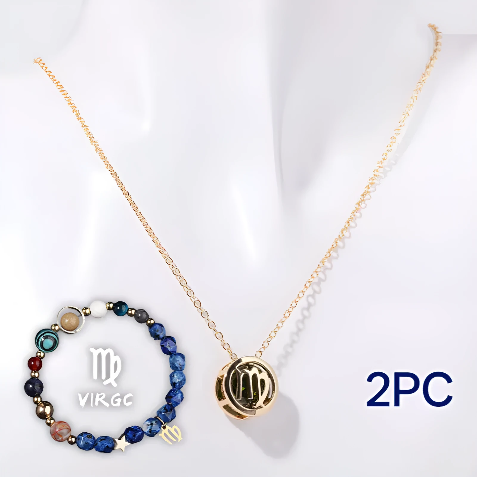 Natural stone beaded necklace and matching bracelet set on a plain background.