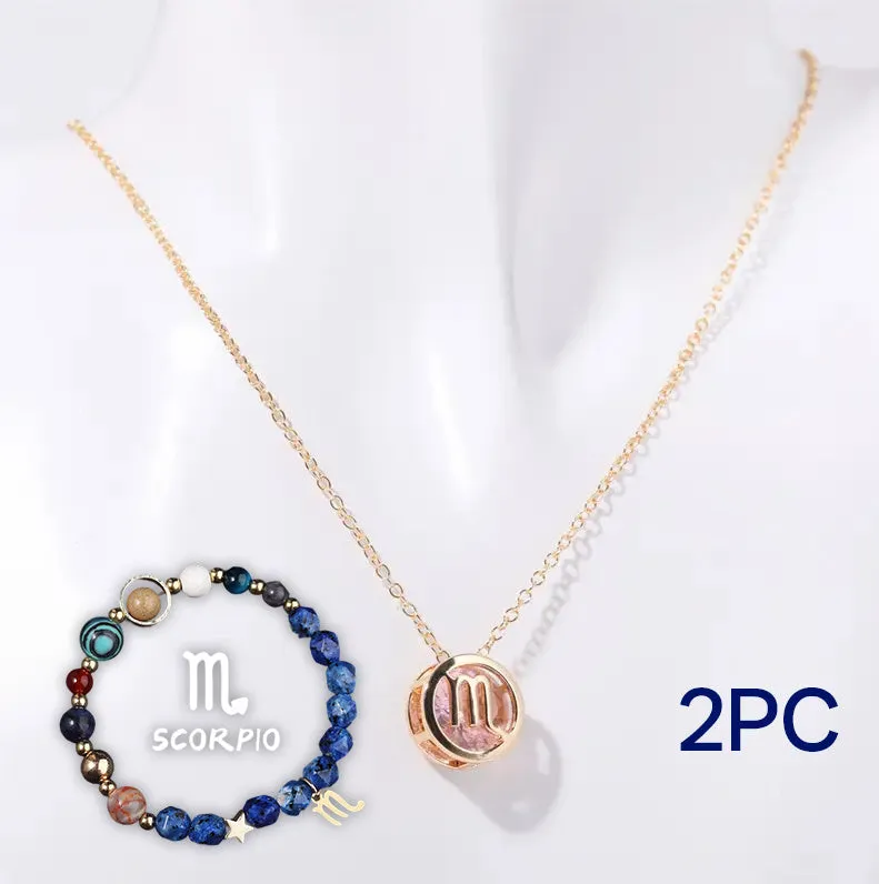 Natural stone beaded necklace and matching bracelet set on a plain background.